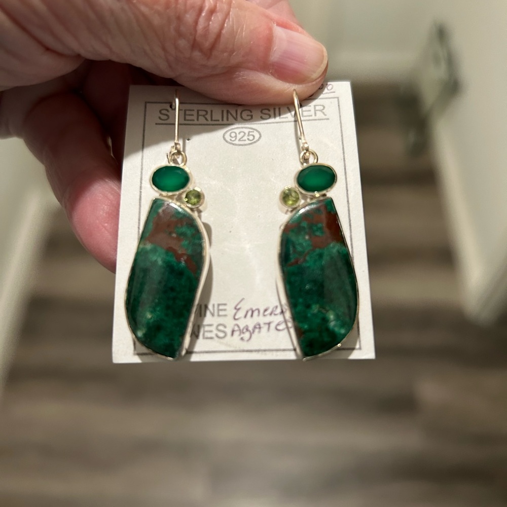 Green agate and emerald sterling silver earrings